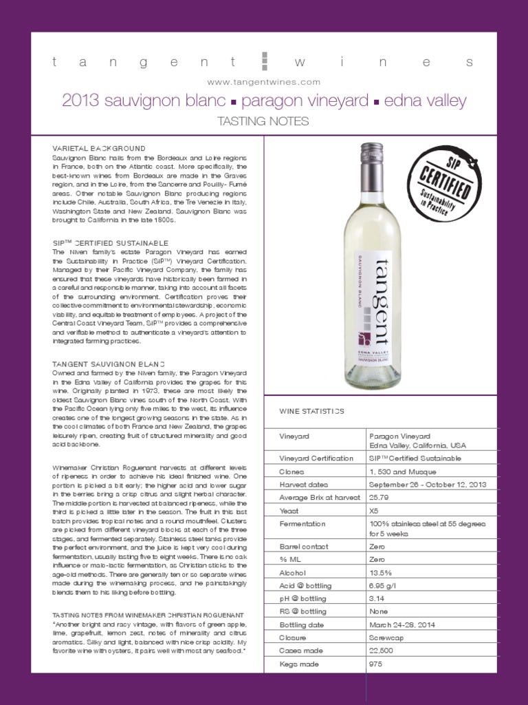 13 SB Fact S2013 Tangent Winery Sauvignon Blanc, Paragon Vineyard