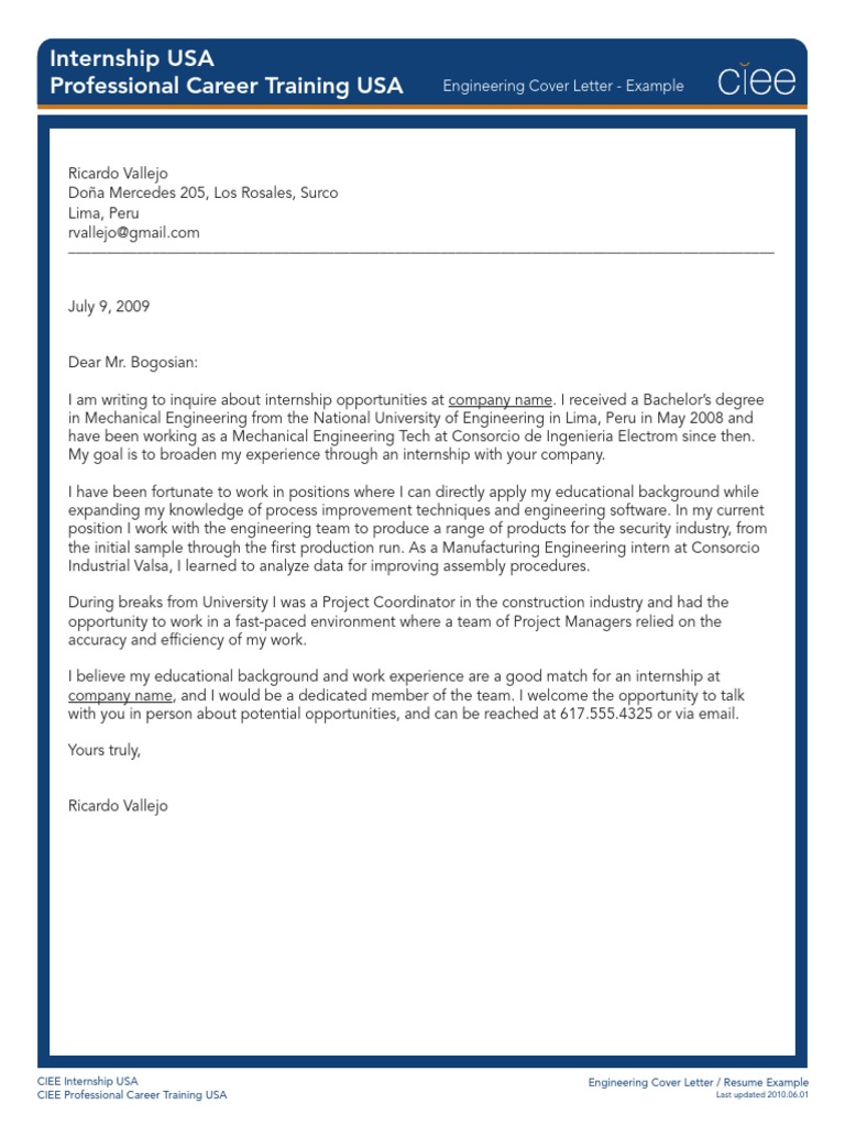Int Engineering Coverresume Internship Job Hunting