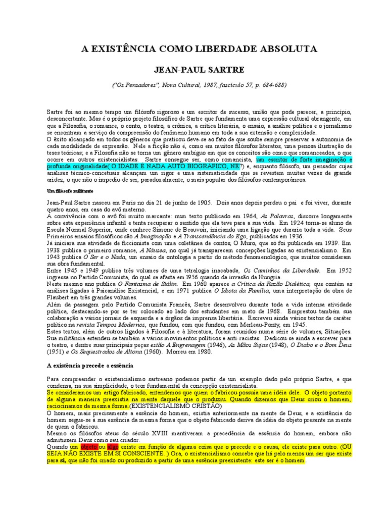 Liberdade Absoluta em Sartre | PDF | Jean Paul Sartre | Existencialismo