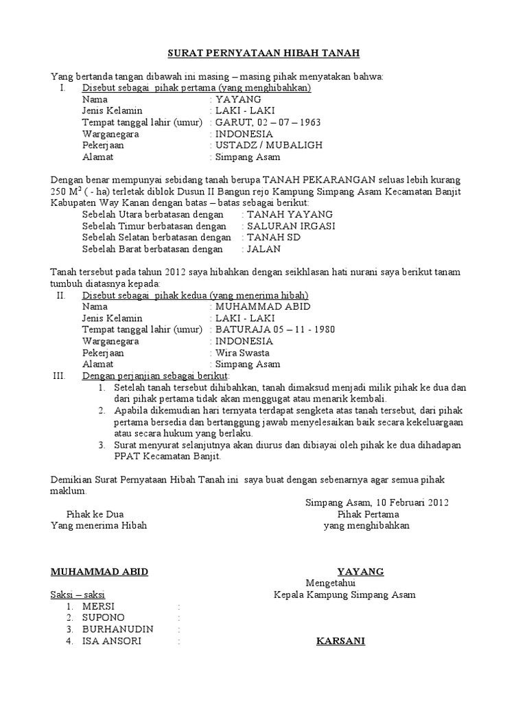 Contoh Surat Hibah