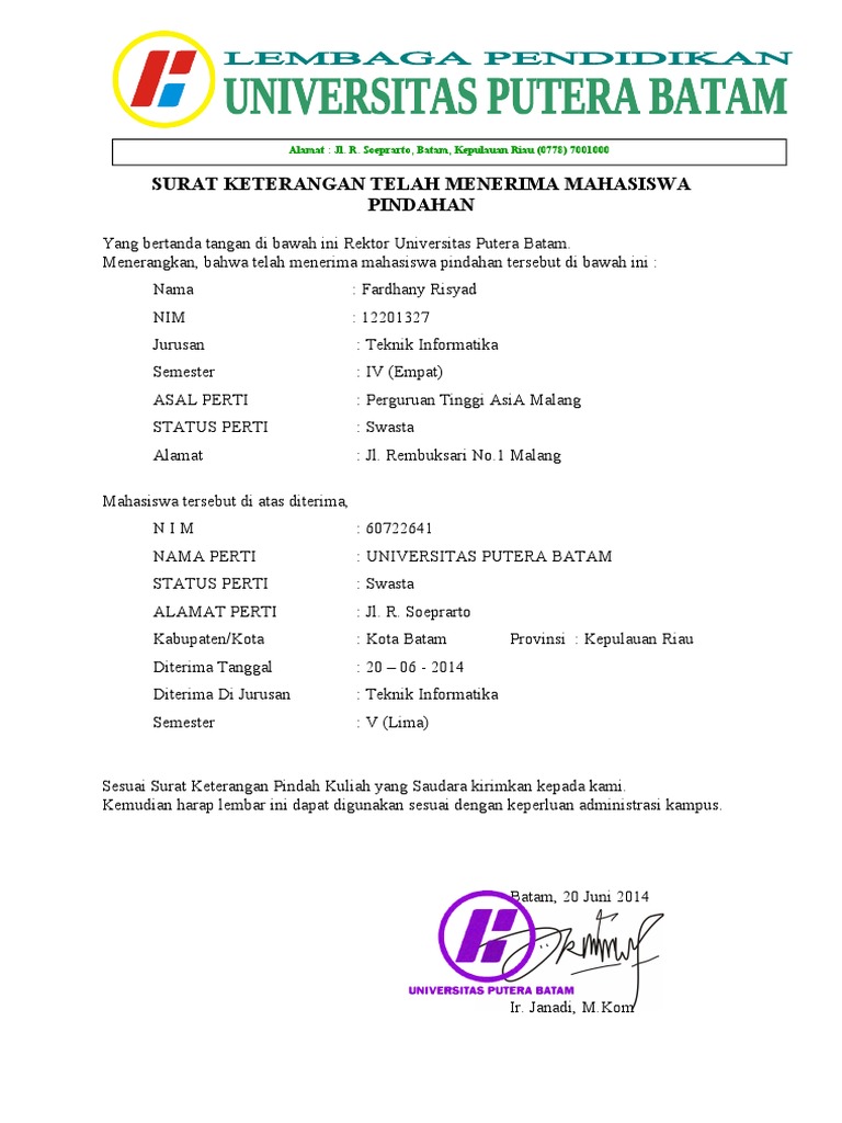 Surat Keterangan Diterima Di Kampus Uniersitas Putera Batam