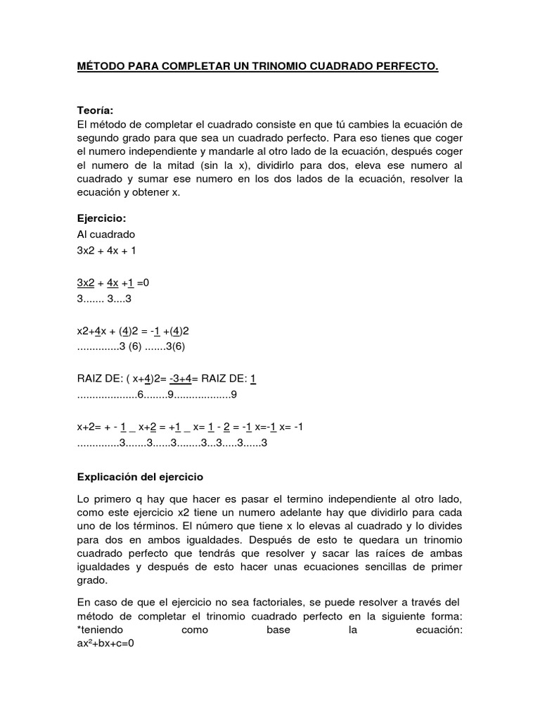 Método Para Completar Un Trinomio Cuadrado Perfecto