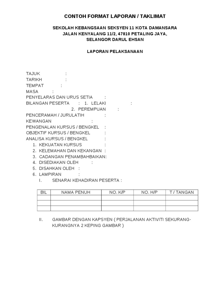 Contoh Format Laporan Taklimat