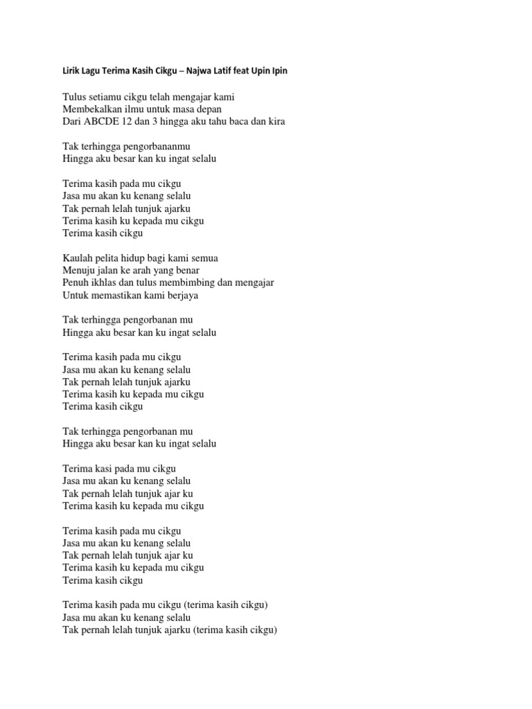 Lirik Lagu Terima Kasih Cikgu Najwa Latif Feat Upin Ipin