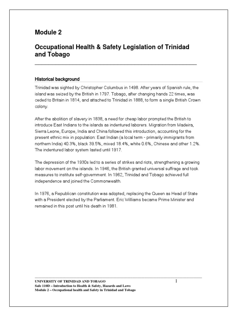 Occupational Health & Safety Legislation of Trinidad and Tobago PDF
