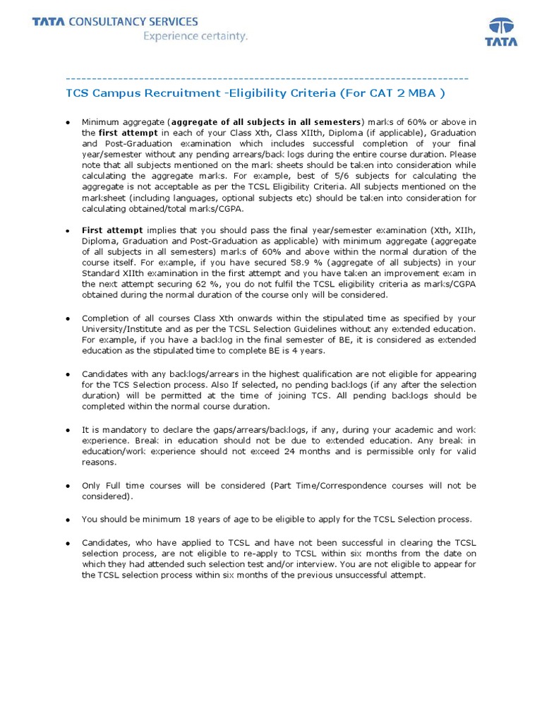 TCS Eligibility Criteria MBA PDF Master Of Business Administration