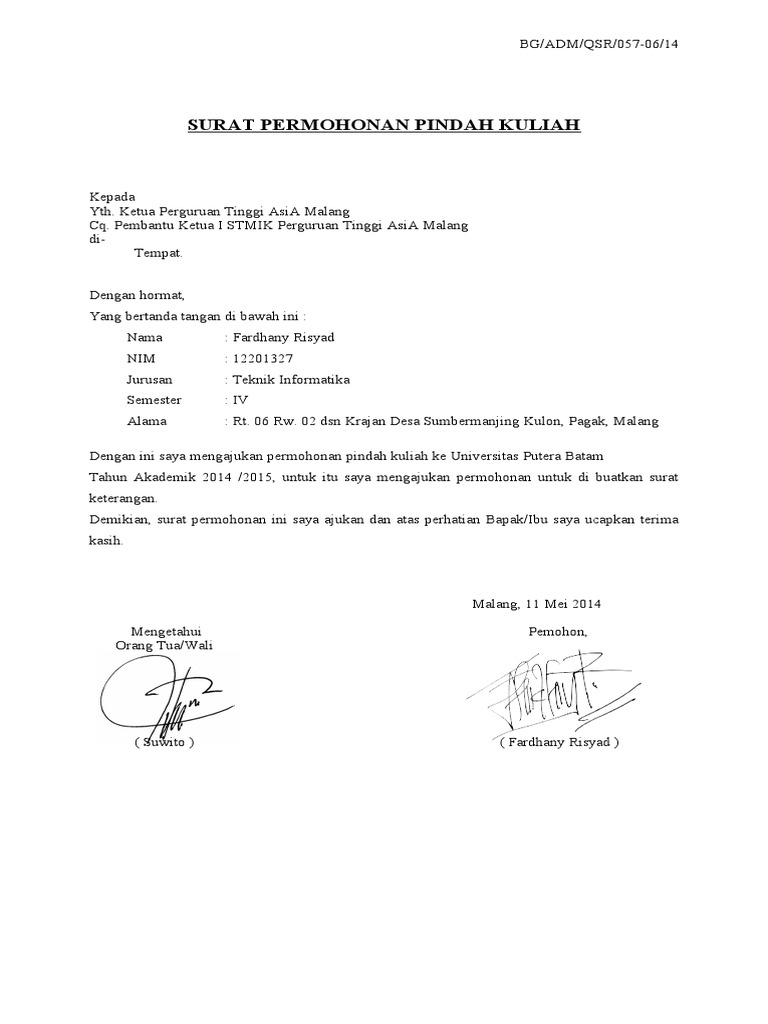 Surat Permohonan Dah Kuliah