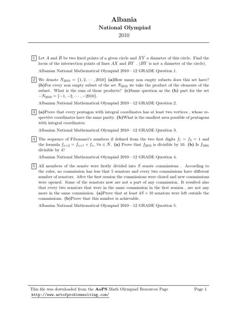 Albanian Math Olympiad 2010 Problems | PDF | Teaching Methods & Materials