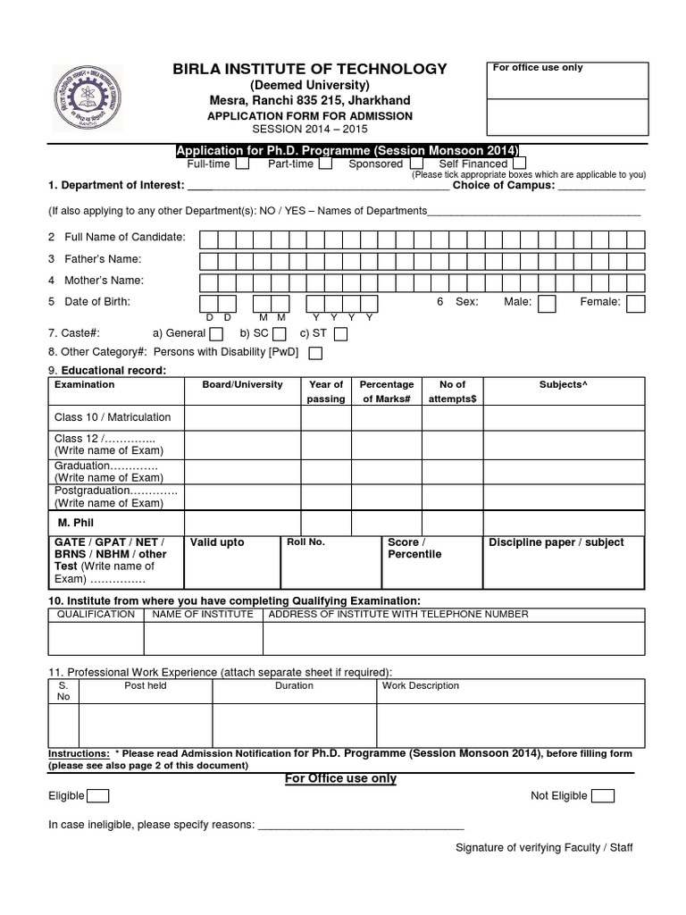 Bit Mesra Application PDF Identity Document Doctor Of Philosophy