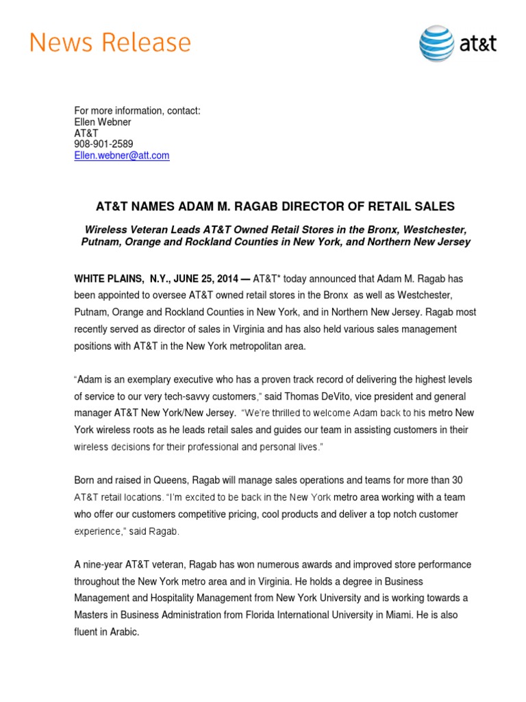 AT&T Names Adam Ragab Director of Retail Sales | PDF | 4 G | At&T