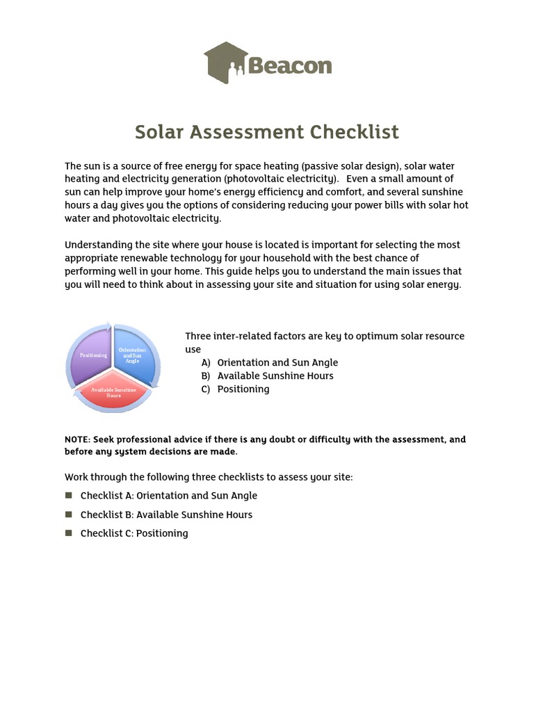 Solar Assessment Checklist PDF Photovoltaics Solar Energy