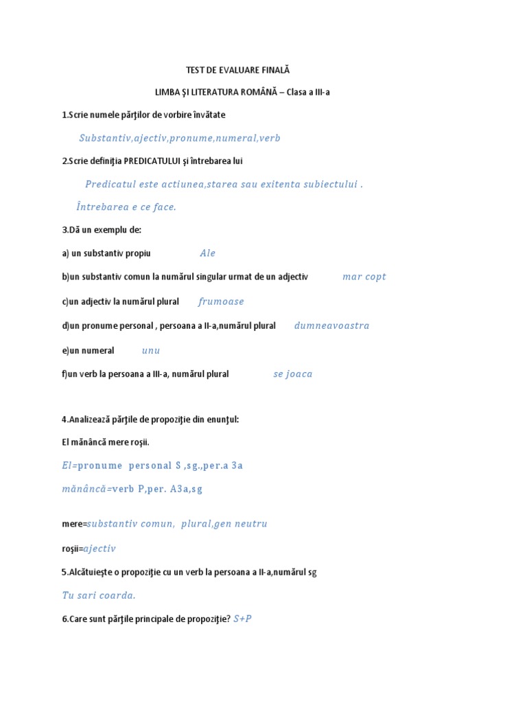Test De Evaluare Finala La Limba Si Literatura Romana Clasa A Iiia