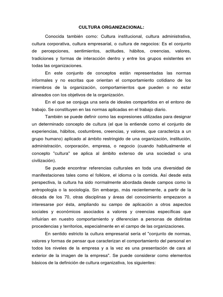 Cultura Organizacional | PDF | Cultura organizacional | Ciencias del ...
