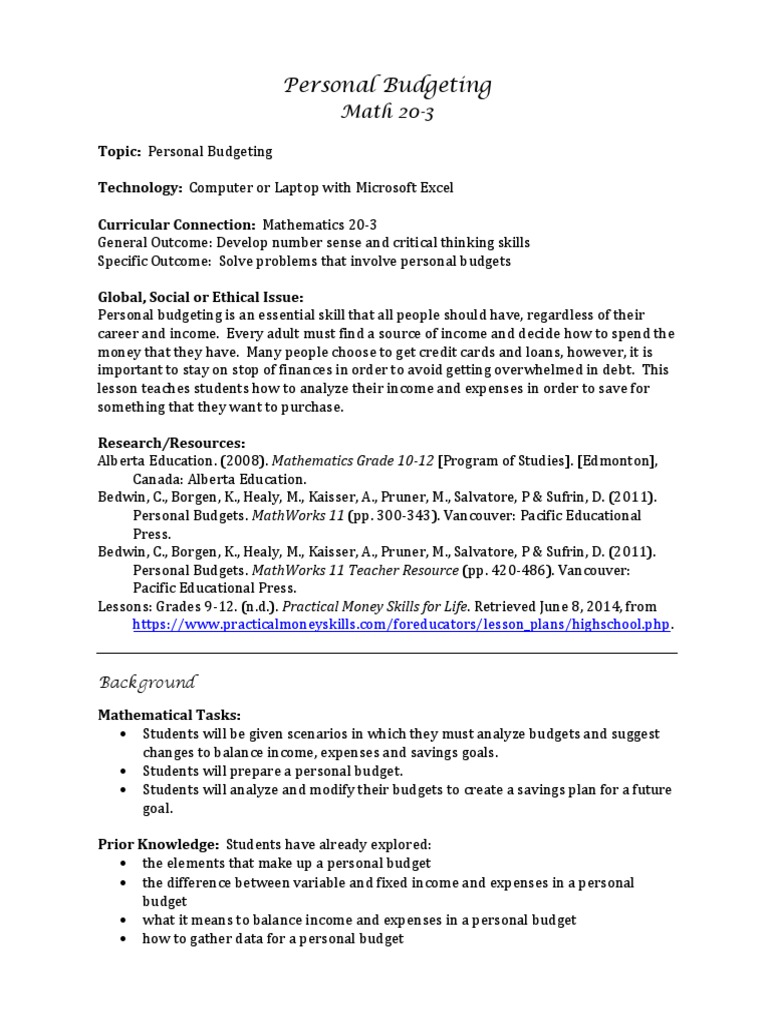 Math 20-3 Lesson Plan | Inquiry Based Learning | Budget