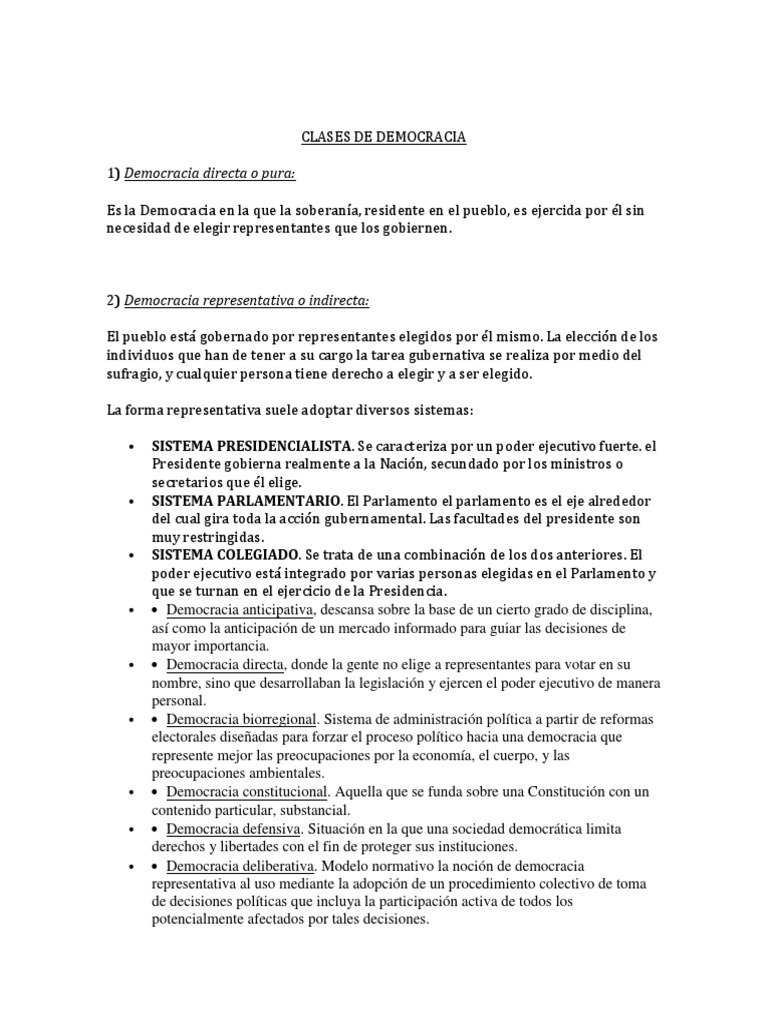 Tipos de Democracia: Clasificación y Características | PDF | Democracia ...