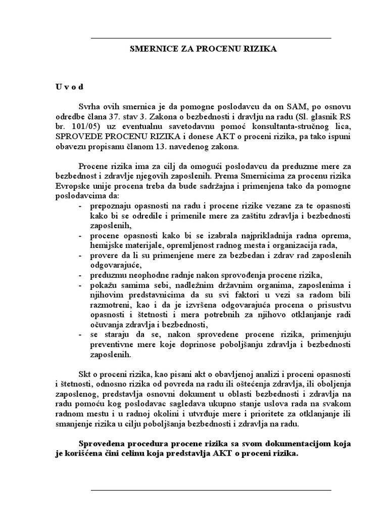 Smernice Za Izradu Akta o Proceni Rizika | PDF