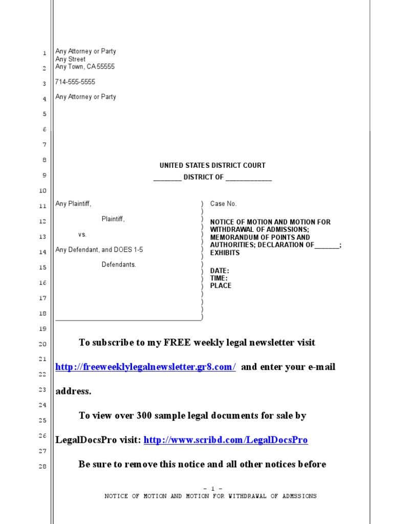 Sample Motion For Withdrawal of Admissions Under Rule 36 (B) PDF
