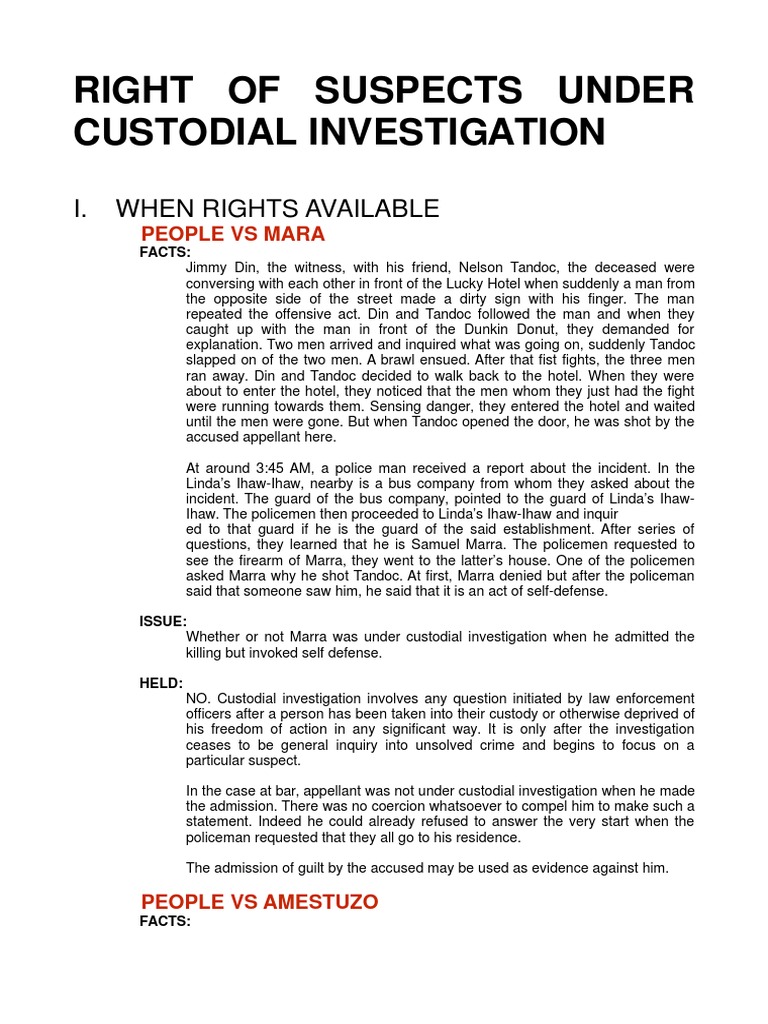 Right of Suspects Under Custodial Investigation | PDF | Miranda Warning ...