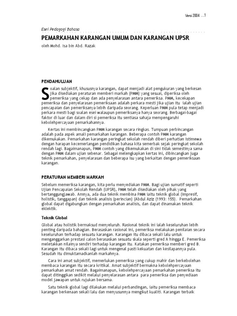 Contoh Karangan Upsr Bahasa Melayu Senarai Tahun 6