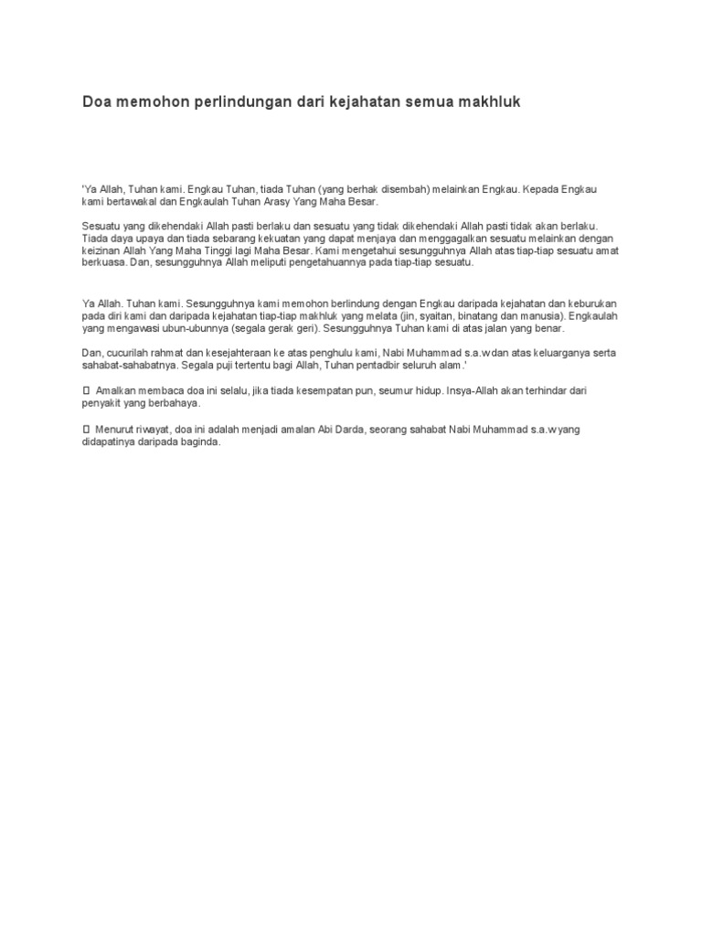 Doa Memohon Perlindungan Dari Kejahatan Semua Makhluk