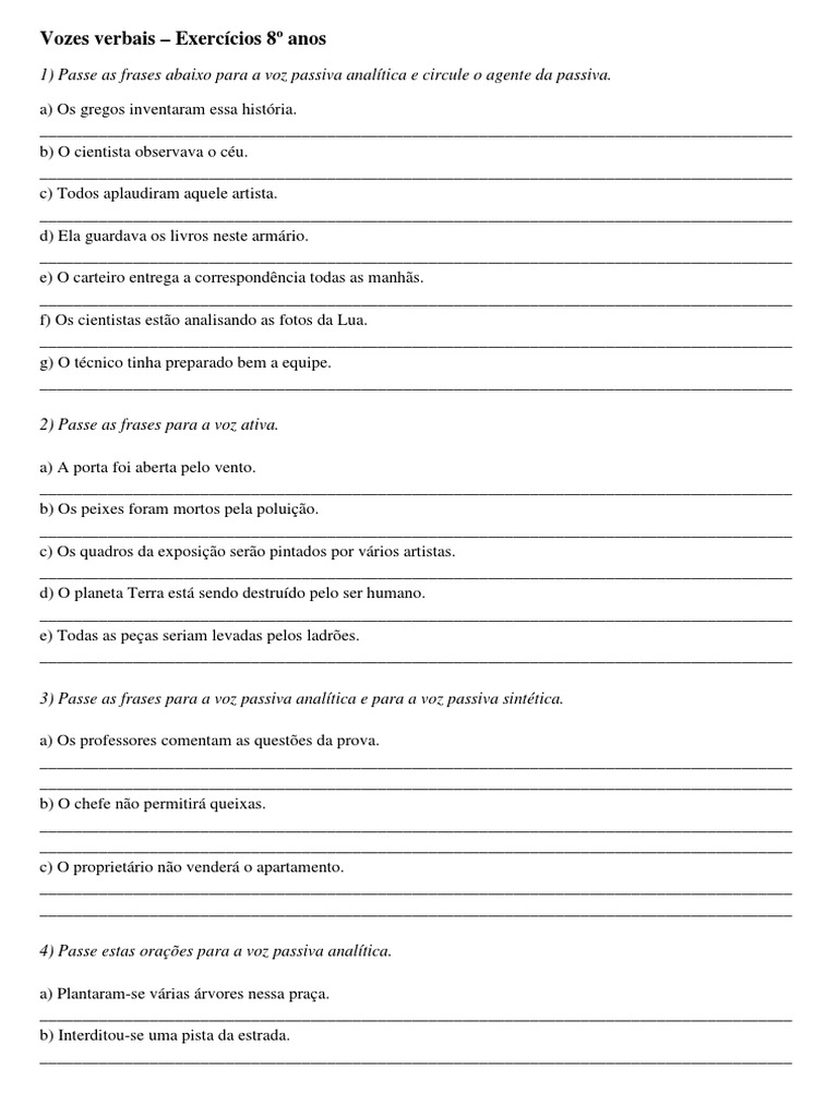 Exercícios - Vozes Verbais (8º Ano) | PDF | Assunto (gramática)
