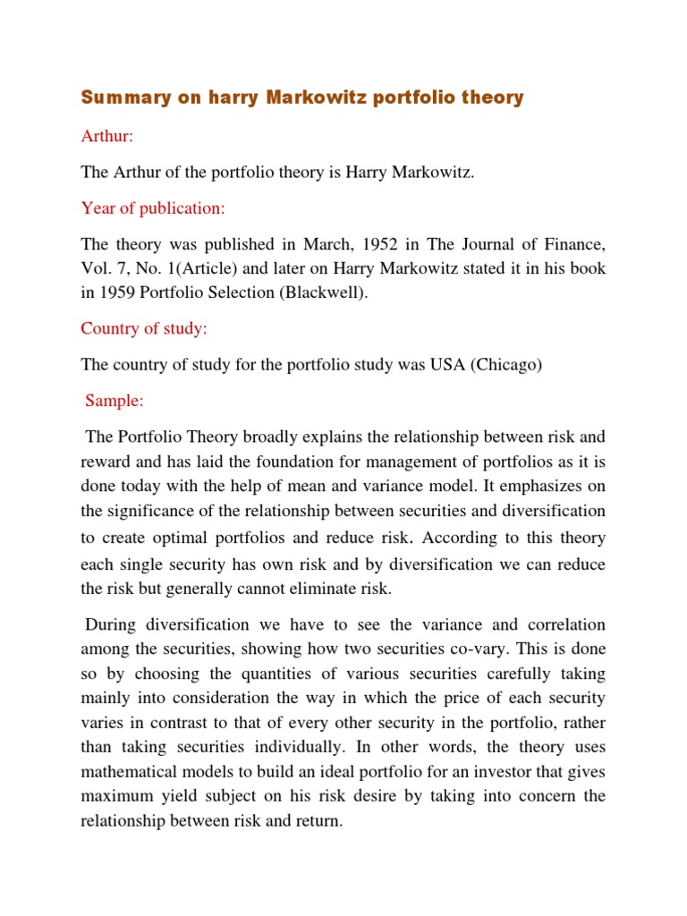 Markowitz Portfolio Theory Summary | PDF | Modern Portfolio Theory ...