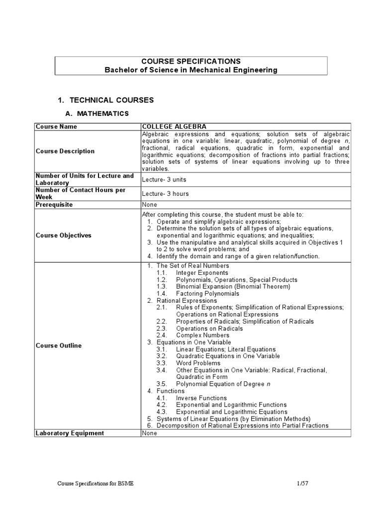 BSME Course Specifications Overview | PDF | Trigonometric Functions ...