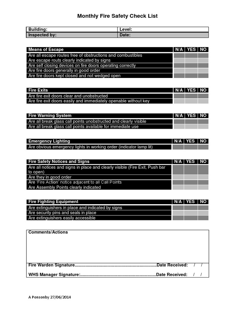 Monthly Fire Safety Check List | PDF | Fire Safety | Public Safety