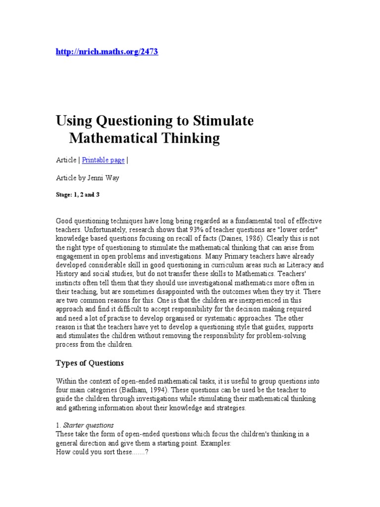 9a Using Questioning To Stimulate Mathematical Thinking PDF