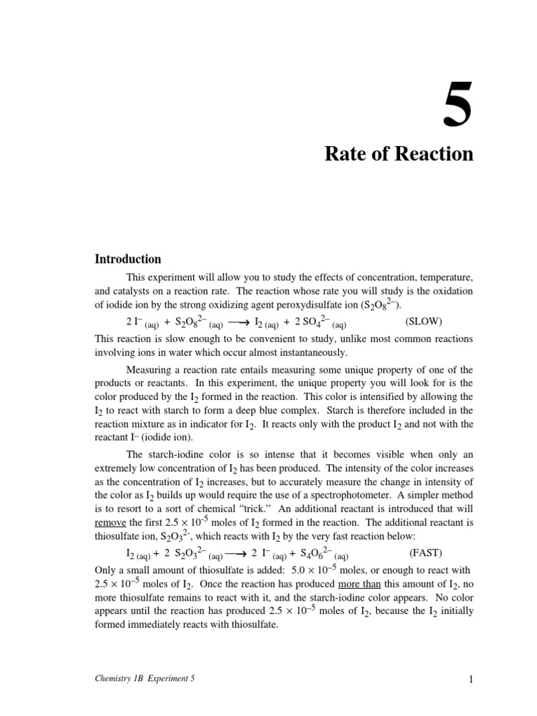 Experiment 5 Rates of Reaction Reaction Rate Reaction Rate Constant