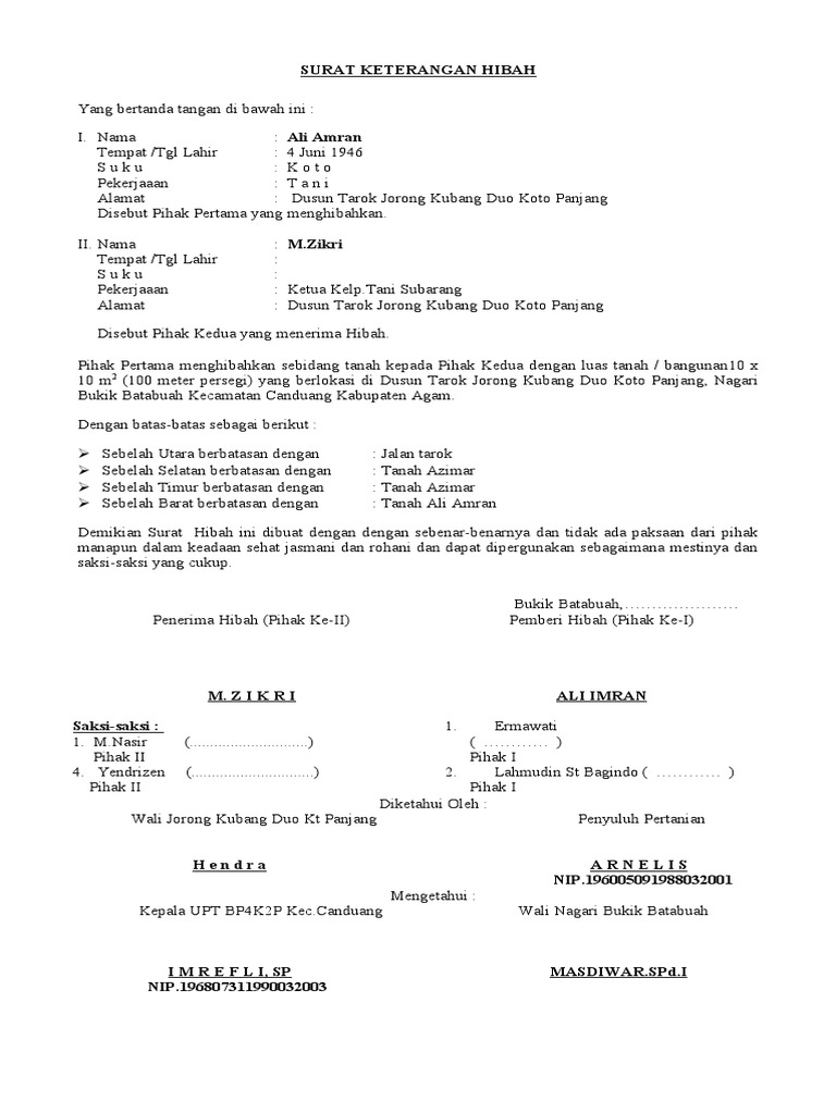 Contoh Surat Keterangan Hibah Tanah Pdf