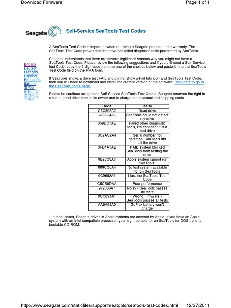 SeaTools Test Codes for Warranty Returns | PDF