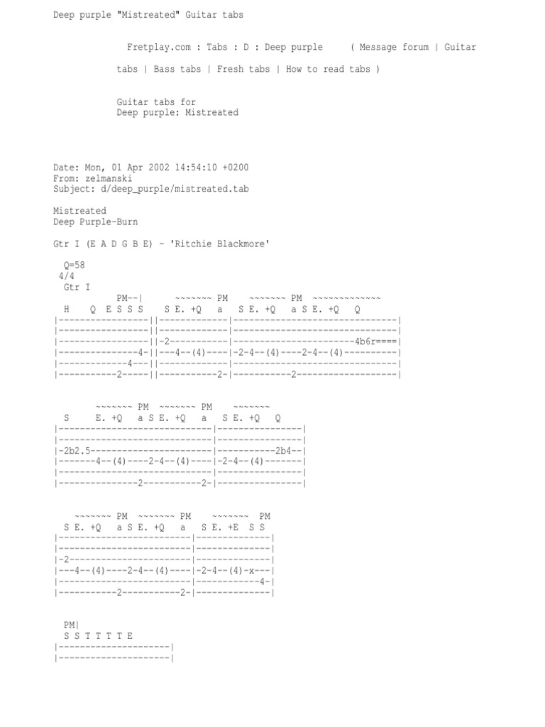 Deep Purple Mistreated Guitar Tabs PDF Musical Notation Necked Lutes
