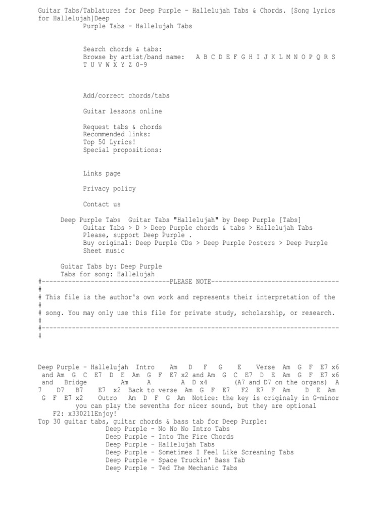Guitar Tabs Tablatures For Deep Purple Hallelujah Tabs Chords Song Lyrics For Hallelujah Pdf Guitars Bass Guitar