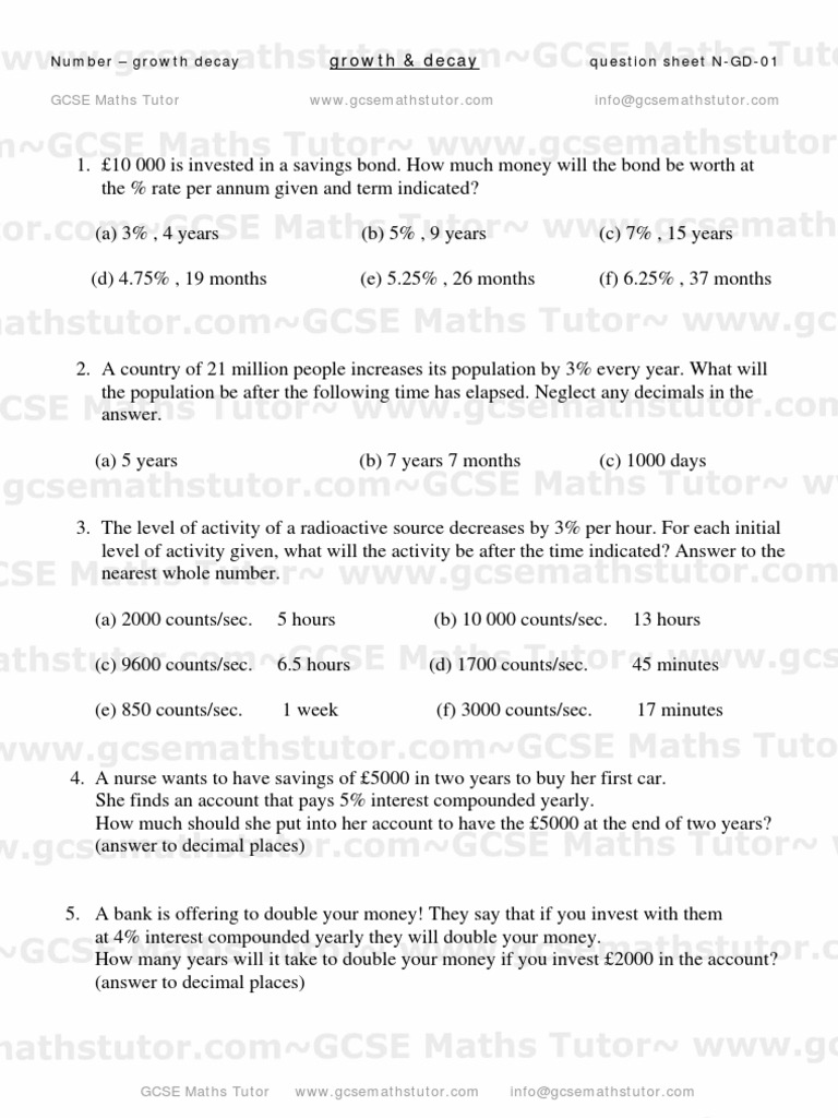 Growth & Decay Worksheet #01, Number from GCSE Maths Tutor