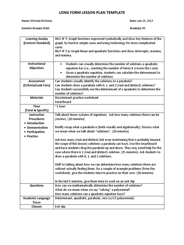 Long Form Lesson Plan Template Name Michael Mckinley Date July 18