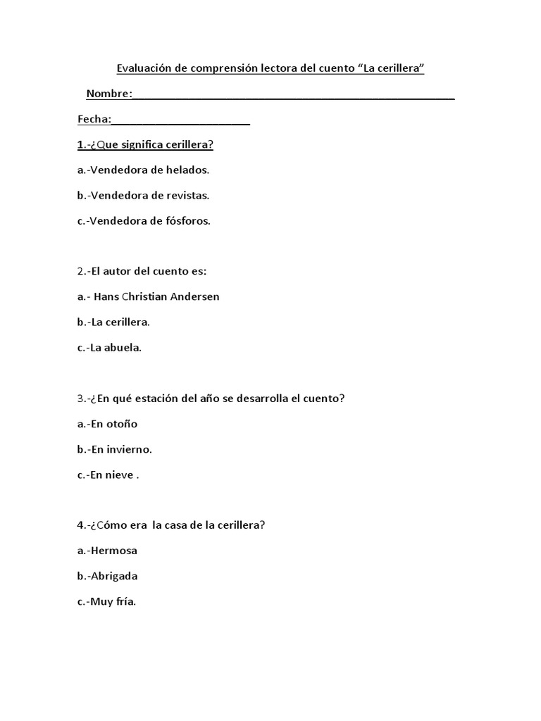 Evaluación lectura cuento La cerillera caracteres | PDF