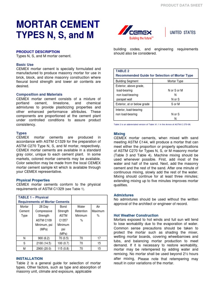 Cem Ex Mortar Cement Data Sheet | PDF | Technology & Engineering
