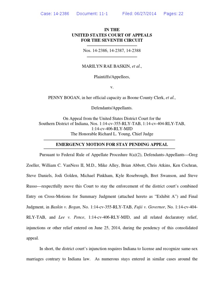 7th Cir -IN Stay Request | Kitchen V. Herbert | Defense Of Marriage Act