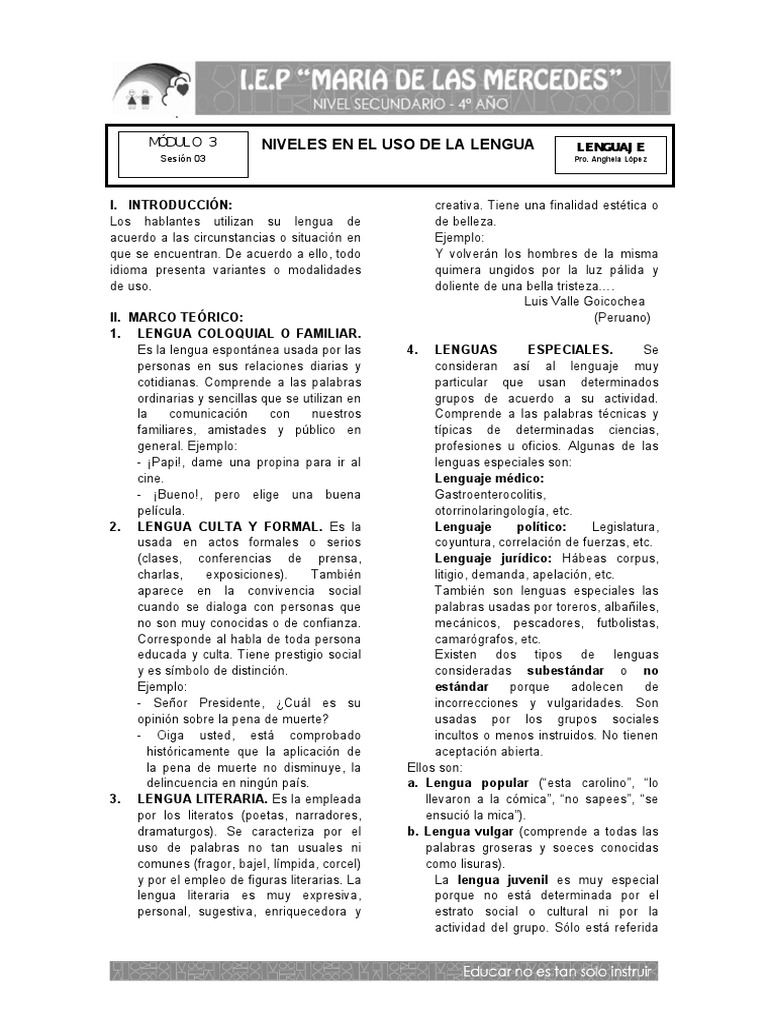 Niveles de Lengua y su Uso | PDF | Artes del Lenguaje y Comunicación ...