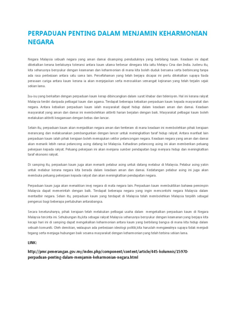 Perpaduan Penting Dalam Menjamin Keharmonian Negara Pdf