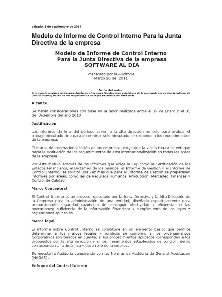 Modelo Informe Control Interno | PDF | Contabilidad | Auditoría financiera