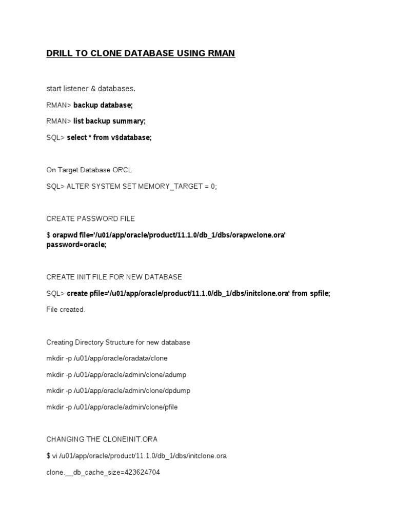 Drill To Clone Database Using Rman: Start Listener & Databases | PDF ...