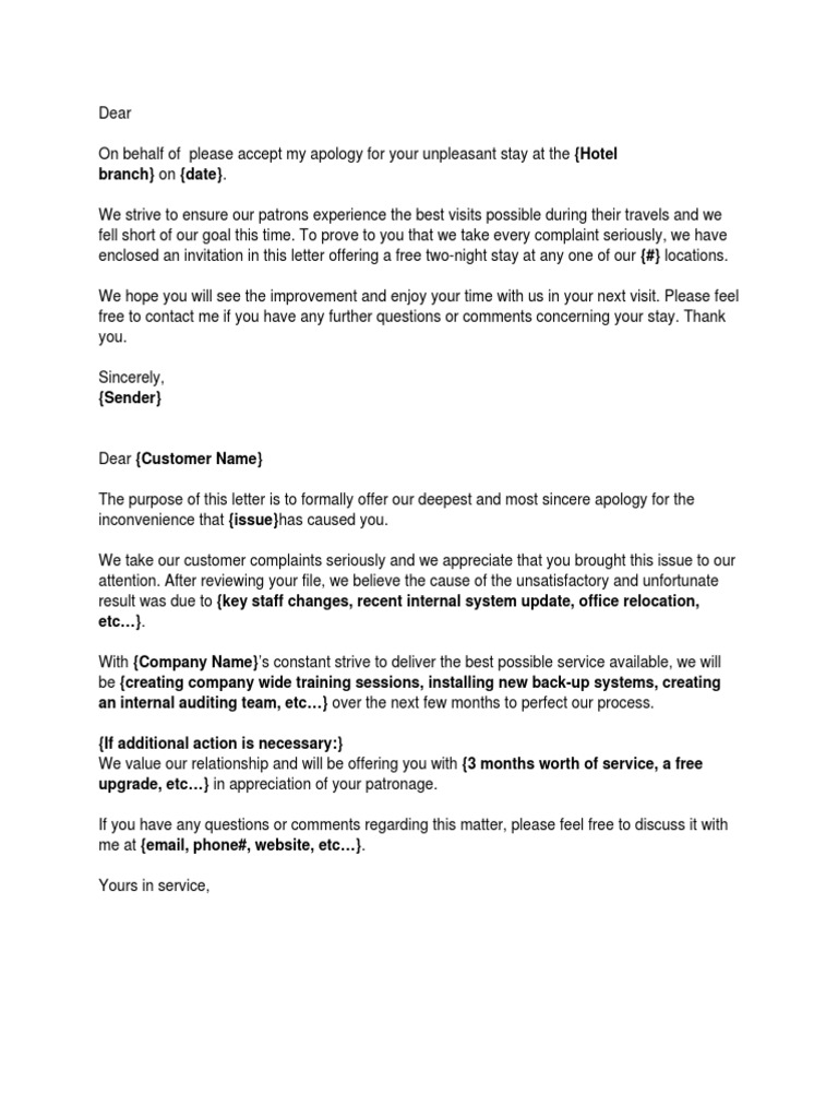 A Sincere Apology and Offer of Compensation for an Unsatisfactory ...