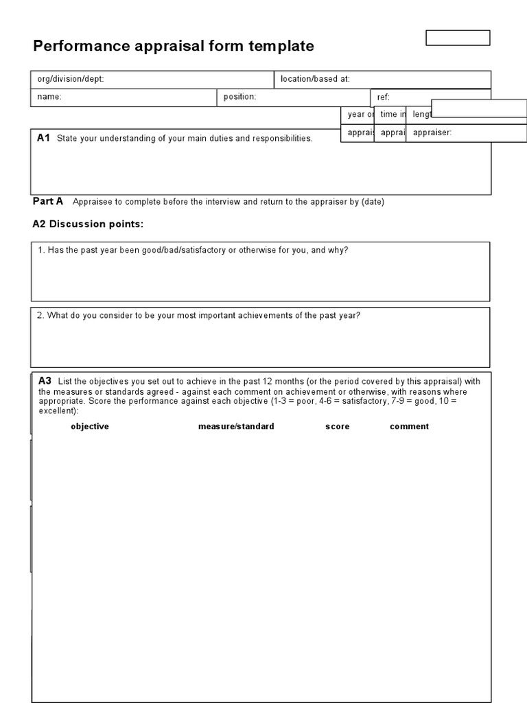 Performance Appraisal Form Template: Objective Measure/standard Score ...