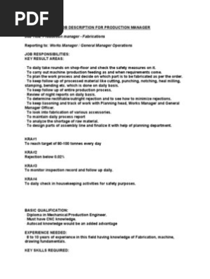 Job Description For Production Manager | Pdf