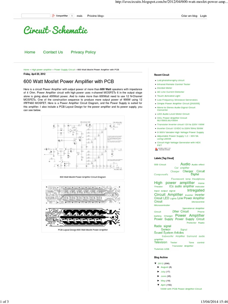600 Watt Mosfet Power Amplifier With PCB | PDF | Amplifier | Electronic ...