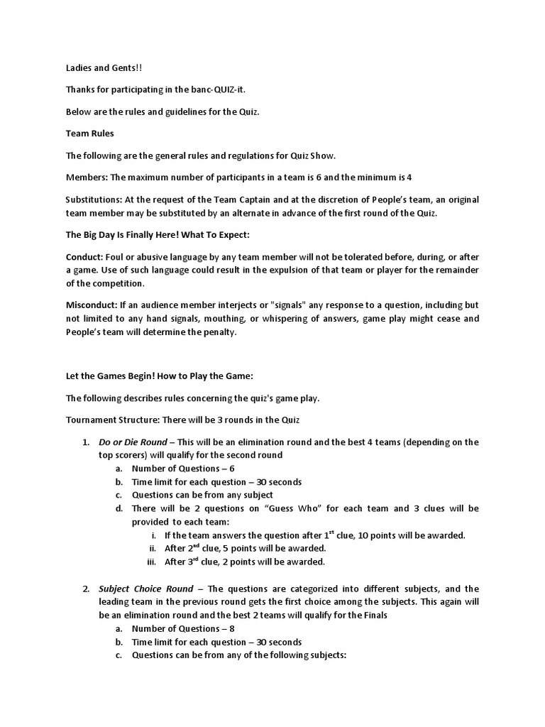Quiz Rules | PDF | Gaming | Sports