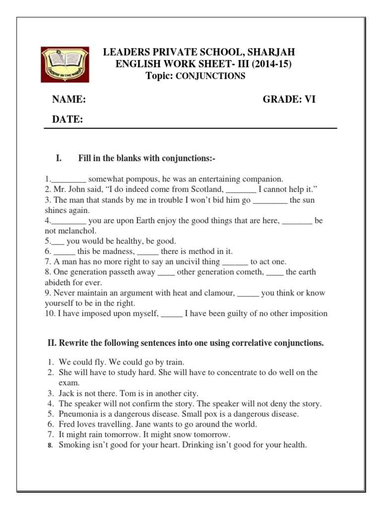 Conjunctions Worksheet for Grade VI | PDF