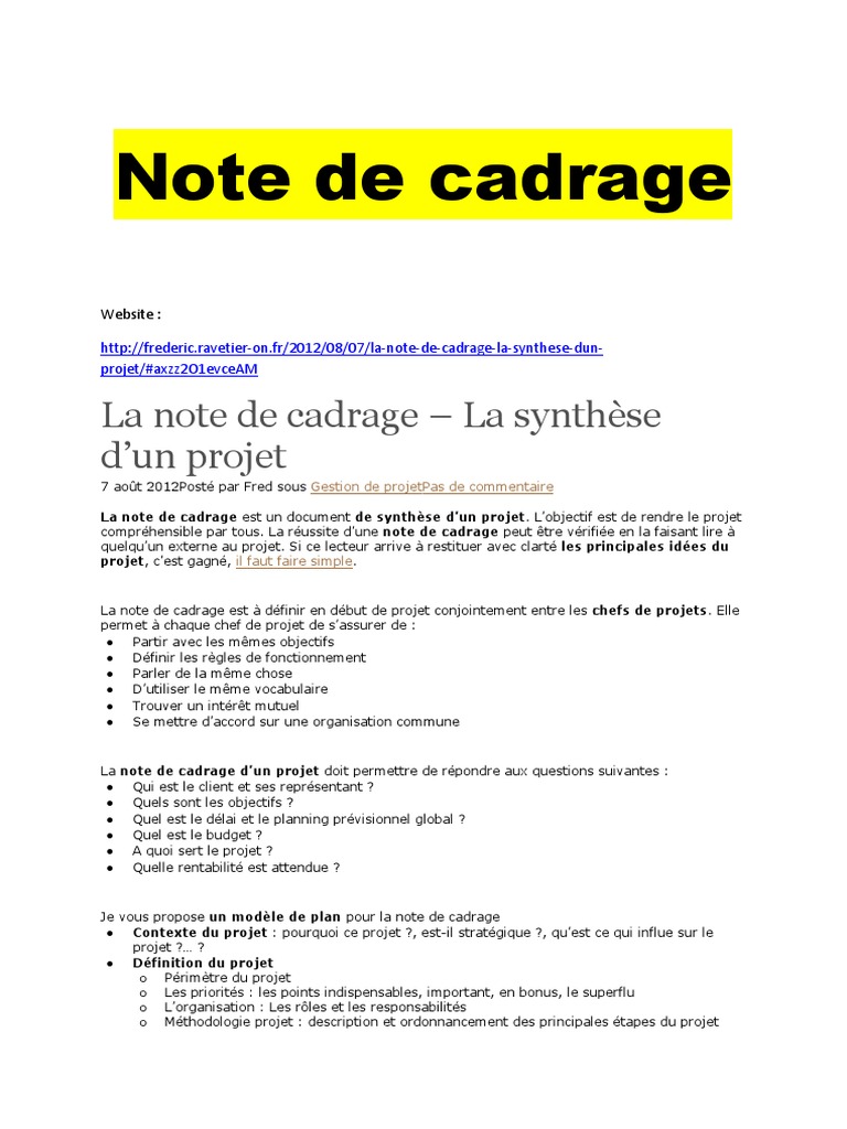 Exemple Note De Cadrage Gestion De Projet